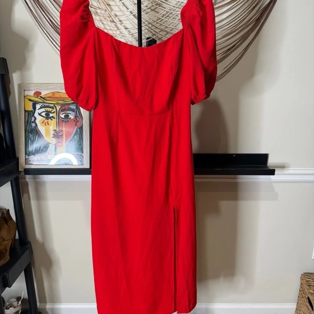 Sculpted Puff-Sleeve Red Midi Dress